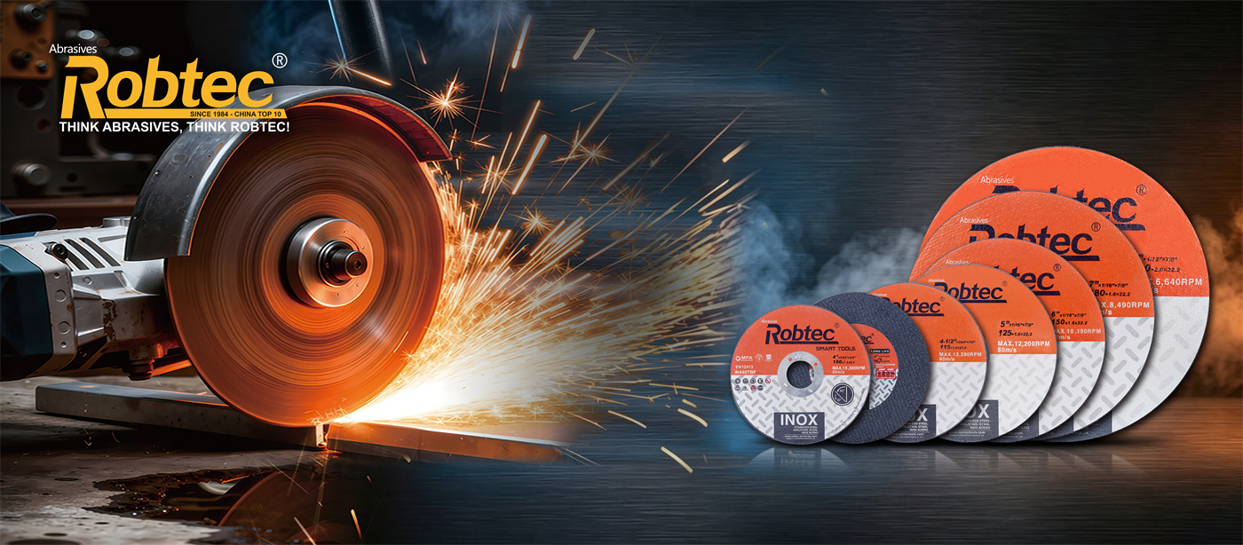 Robtec industrial marketing banner featuring an angle grinder cutting with a 230mm Inox disc and a full lineup of 7 ultra-thin abrasive cutting discs from 100mm to 230mm.