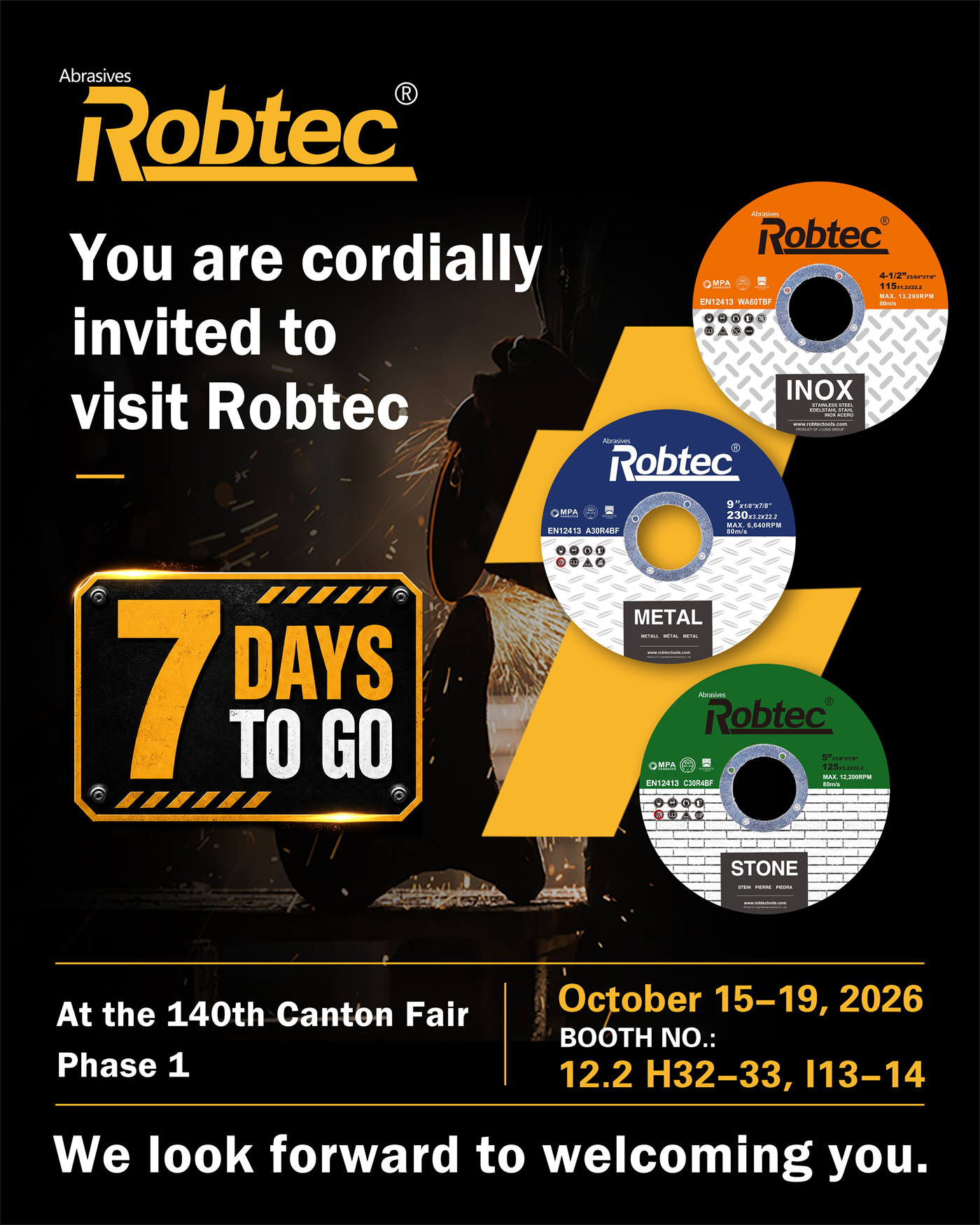 ROBTEC 7 days countdown poster for the 140th Canton Fair Phase 1, showcasing metal, INOX and stone abrasive cutting wheels at Booth 12.2 H32-33, I13-14.