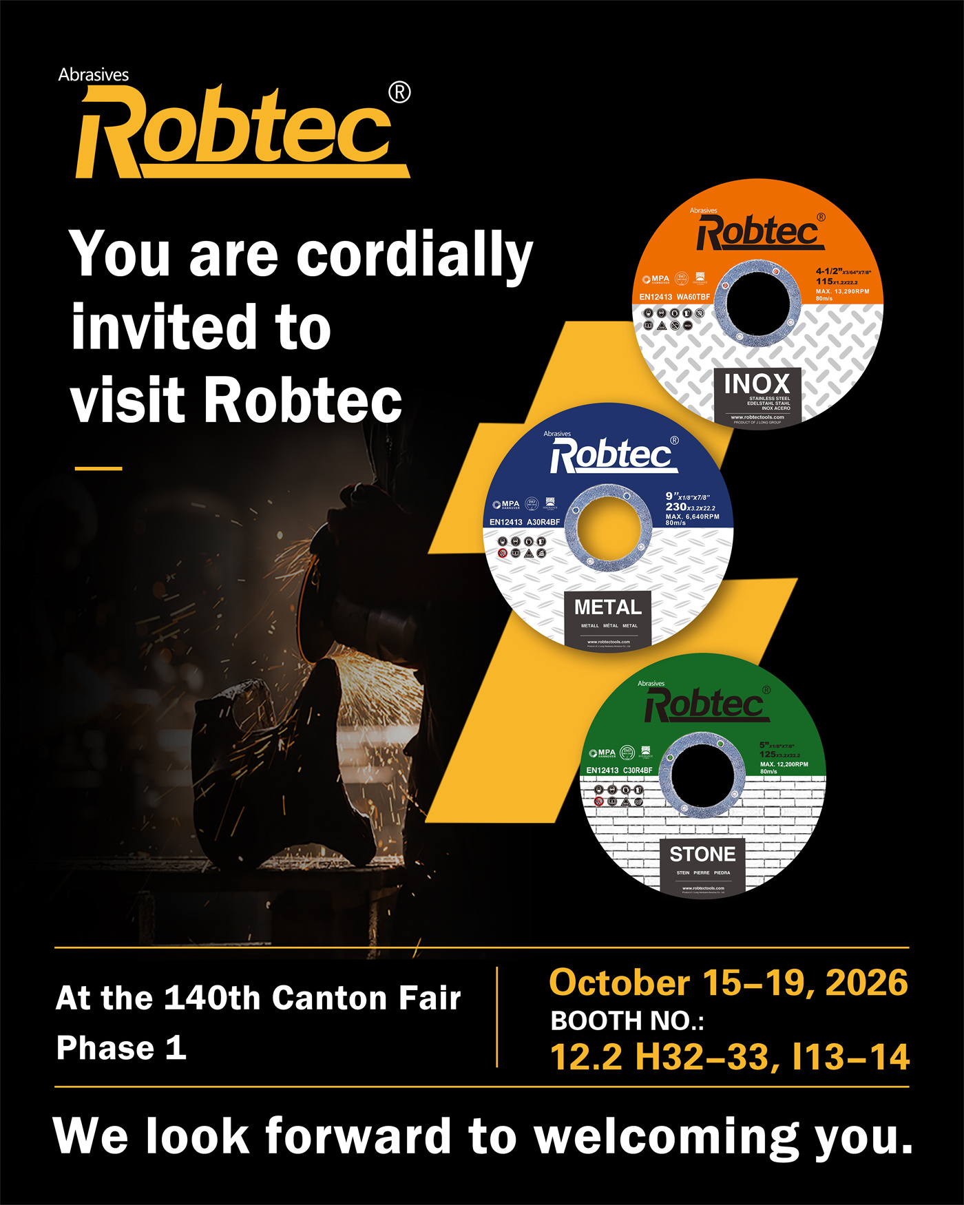 ROBTEC Canton Fair 2026 invitation featuring metal, INOX and stone abrasive wheels.